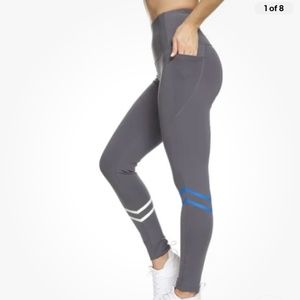 BSP Women’s Leggings 7/8 High Waisted Gray, White. Blue Pockets Size Large